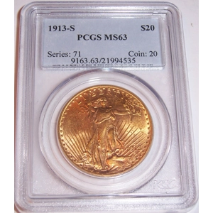 1913-S $20 MS63 PCGS Saint Gaudens Double Eagle