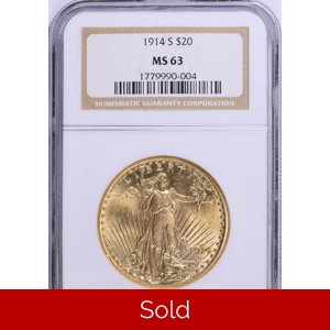 1914-S $20 MS63 NGC Saint Gaudens Double Eagle