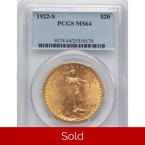 1922-S $20 MS64 PCGS Saint Gaudens Double Eagle