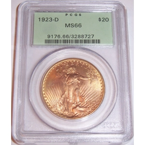 1923-D $20 MS66 PCGS Saint Gaudens Double Eagle OGH