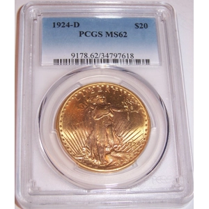 1924-D $20 MS62 PCGS Saint Gaudens Double Eagle PCGS