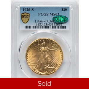 1926-S $20 MS63 PCGS CAC Saint Gaudens Double Eagle