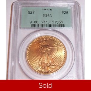 1927 $20 MS63 PCGS Saint Gaudens Double Eagle OGH