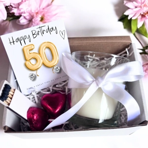 Small 50th birthday Earrings & candle hamper