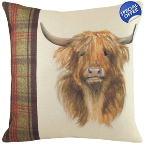 Hunter highland cow cushion with a feather rich filling