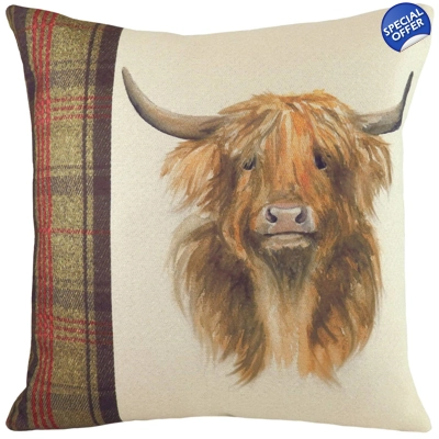 Hunter highland cow cushion with a feather rich filling