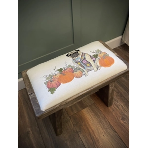 Rustic Pug Farmhouse Cottage Wooden Stool  Printed Embroidered Top