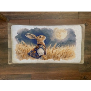 Rustic Farmhouse Cottage Wooden Stool Printed Linen Hare