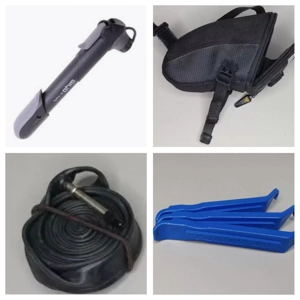 Spare tube, pump, pouch, tire levers and multi tool