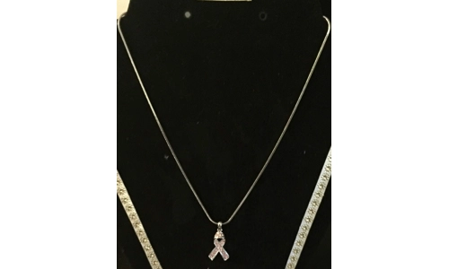 Necklace, Pink Rhinestone Ribbon Pendant- 16" Silver Plated Small/Large