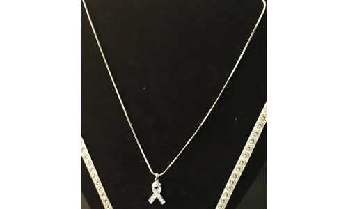 Necklace, Clear Rhinestone Ribbon Pendant- 16" Silver Plated Small/Large