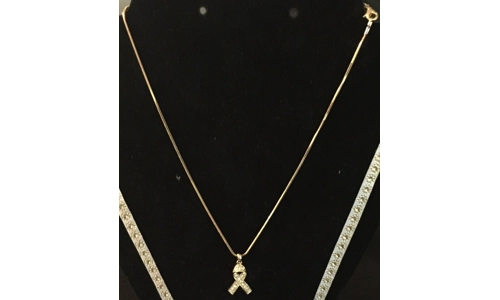 Necklace, Clear Rhinestone Ribbon Pendant- 16" Gold plated Small only