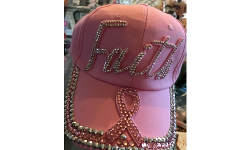 Cap, Pink "Faith" Bling Cap With Breast Cancer Ribbon
