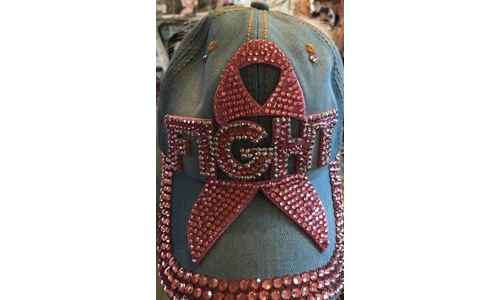 Cap, Lgt Blue Denim With The Word "Fight" and Breast Cancer Ribbon