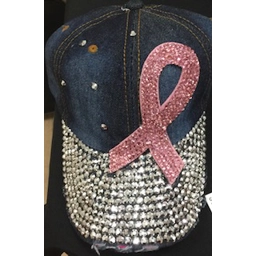 Cap, Dark Blue Rhinestone Denim Cap With Breast Cancer Rib..