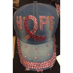 Cap, Bling Hope Pink Ribbon Light Denim Baseball Cap