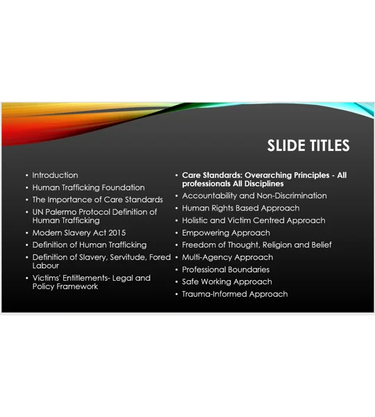 Modern Slavery Trafficking Care Standards Overarching Principles Training Resources