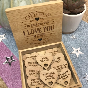 Personalised 10 Reasons Why I Love You Bamboo Box and Beech Hearts