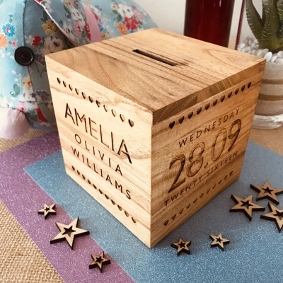 Personalised Wooden Money Box - Hearts title=