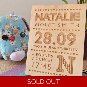 Personalised New Baby Keepsake Birth Information Nursery Artwork