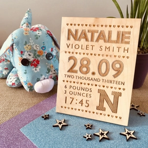 Personalised New Baby Keepsake Birth Information Nursery Artwork