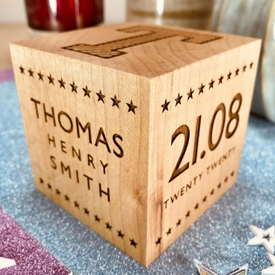 Personalised Wooden Baby Block - Stars | Unique Baby Gift title=