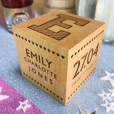 Personalised Wooden Baby Block - Hearts | Unique Baby Gift title=