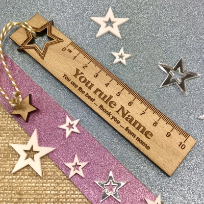 Personalised Teacher Thank You Gift Wooden Beech Bookmark Star title=