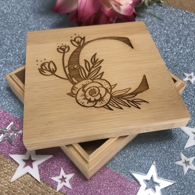Floral Monogram Box - Engraved Initial Eco Bamboo Keepsake Box title=