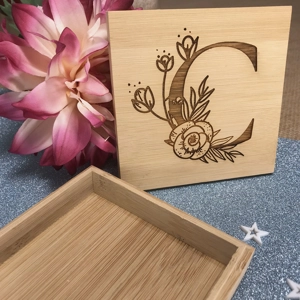 Floral Monogram Box - Engraved Initial Eco Bamboo Keepsake Box
