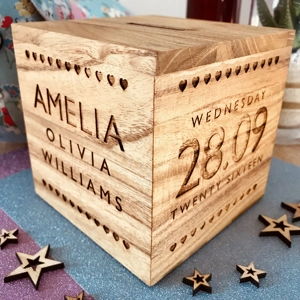 Personalised Wooden Money Box - Hearts