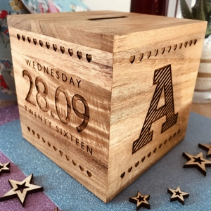 Personalised Wooden Money Box - Hearts