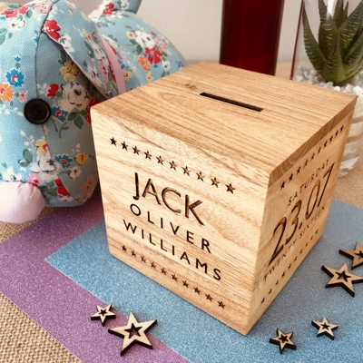 Personalised Wooden Money Box - Stars title=