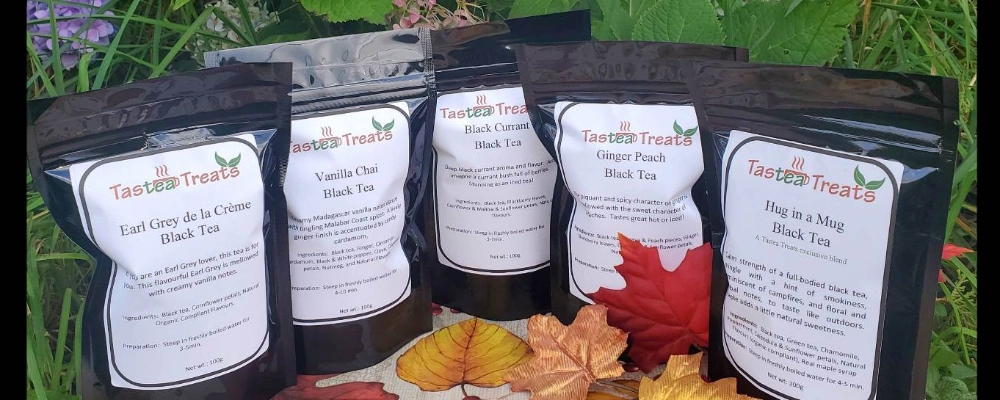 a row of loose leaf tea packages.