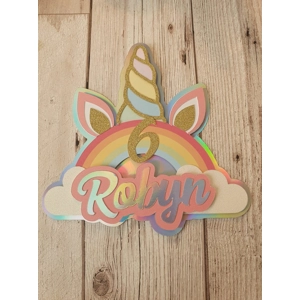 3D Unicorn Rainbow Holographic Glitter Card Birthday Cake Topper