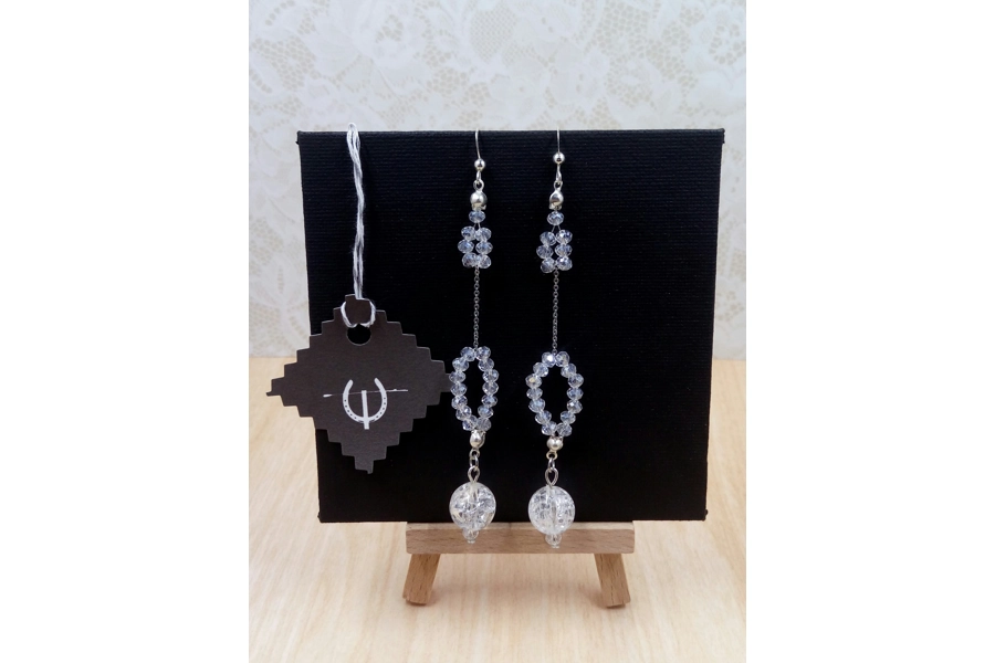 White crystal beaded long silver drop earrings