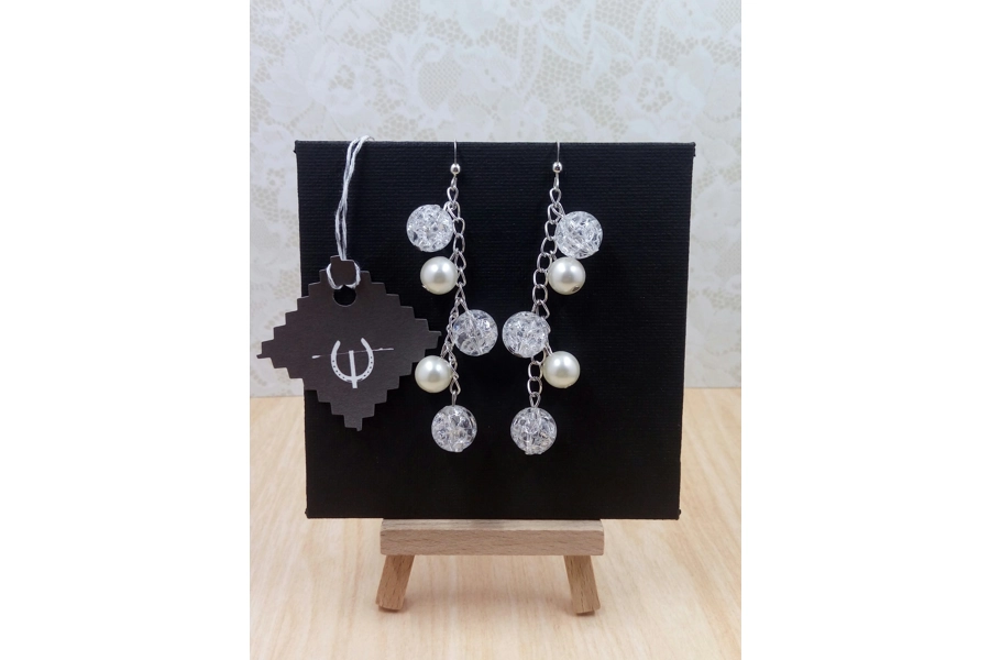 White crystal and pearl silver drop earrings