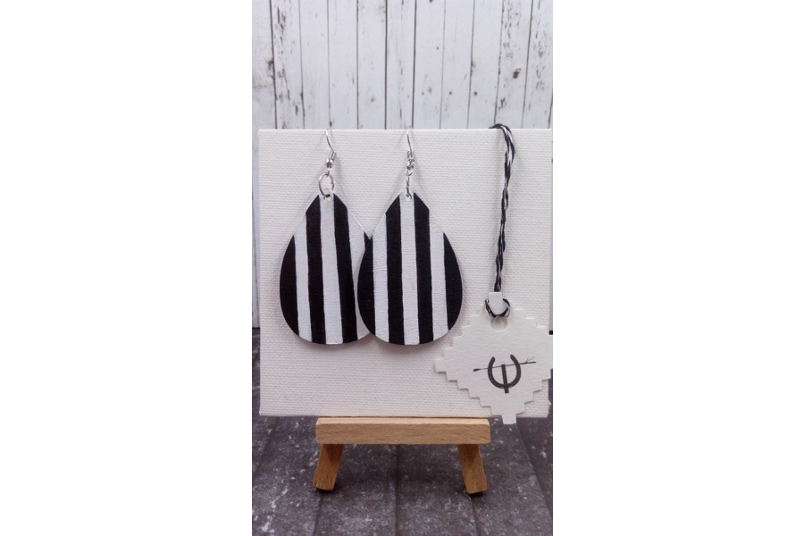Teardrop Black And White Wooden Earrings #1