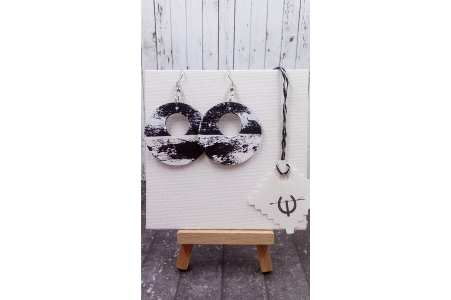 Round Black And White Wooden Earrings #1