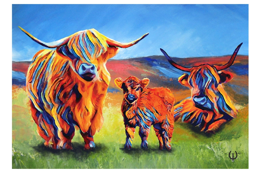 Highland Cow Trio Mixed Media Digital Art Print