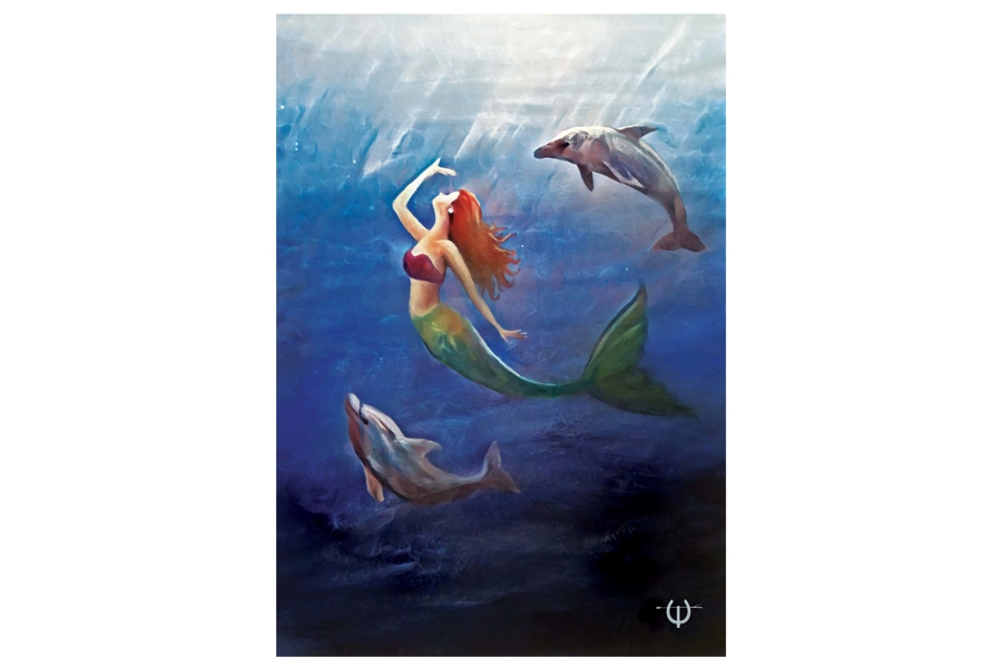 Mermaid and Dolphins Mixed Media Digital Art Print