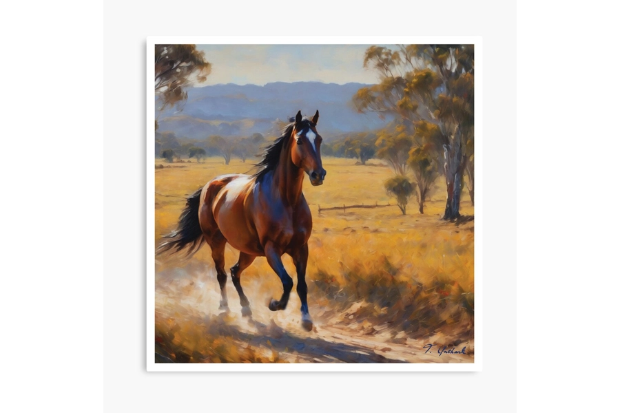 Galloping Horse In Australian Country Landscape