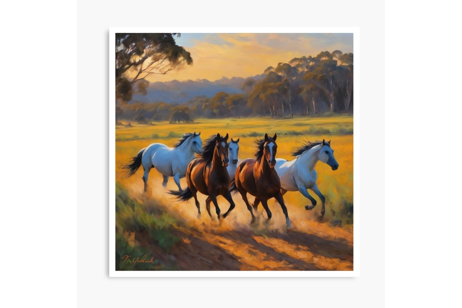 Horses Galloping In The Australian Country Landscape Sunset