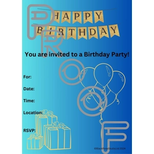 Gold & Blue Birthday Party Invitation: Simple, Reusable (PDF Digital Download)