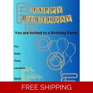 Gold & Blue Birthday Party Invitation: Simple, Reusable (PDF Digital Download)