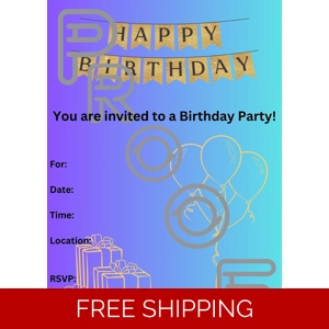 Reusable Birthday Party Invitation: Gold, Purple, Blue Fade (PDF Digital Download)