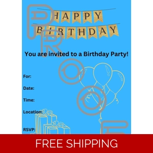 Gold & Blue Birthday Party Invitation: Simple Fill-In PDF (Digital Download)