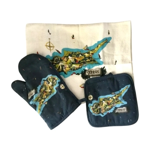Cyprus Souvenir Kitchen Set: Vintage Oven Mitten, Pot Holder & Tea Towel Collection
