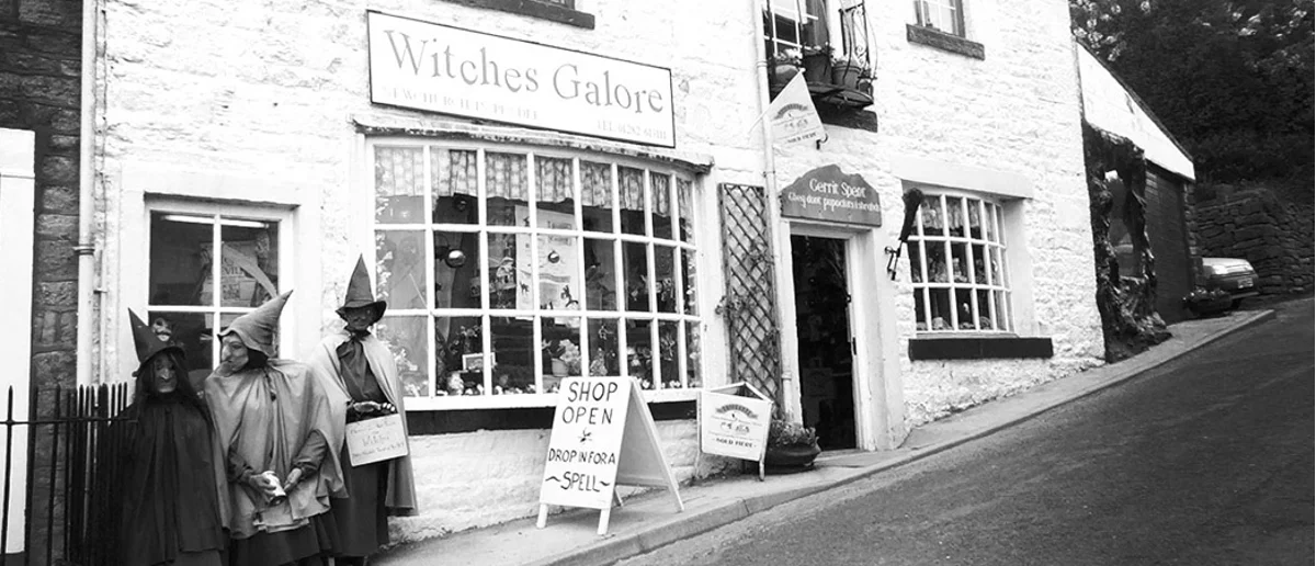 The Witches Galore shopfront with its witch mannequins