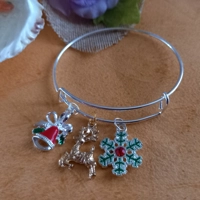 Expandable Christmas Bangle With 3 Charms - Bells, Reindeer, Snowflake